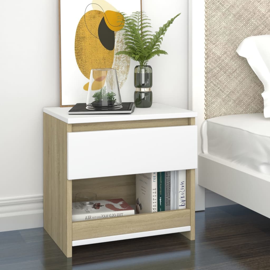 Berkfield Bedside Cabinet White and Sonoma Oak 40x30x39 cm Engineered Wood