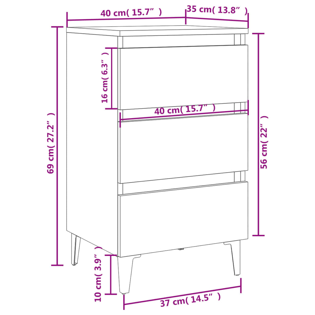 Berkfield Bed Cabinet with Metal Legs 2 pcs High Gloss Grey 40x35x69 cm