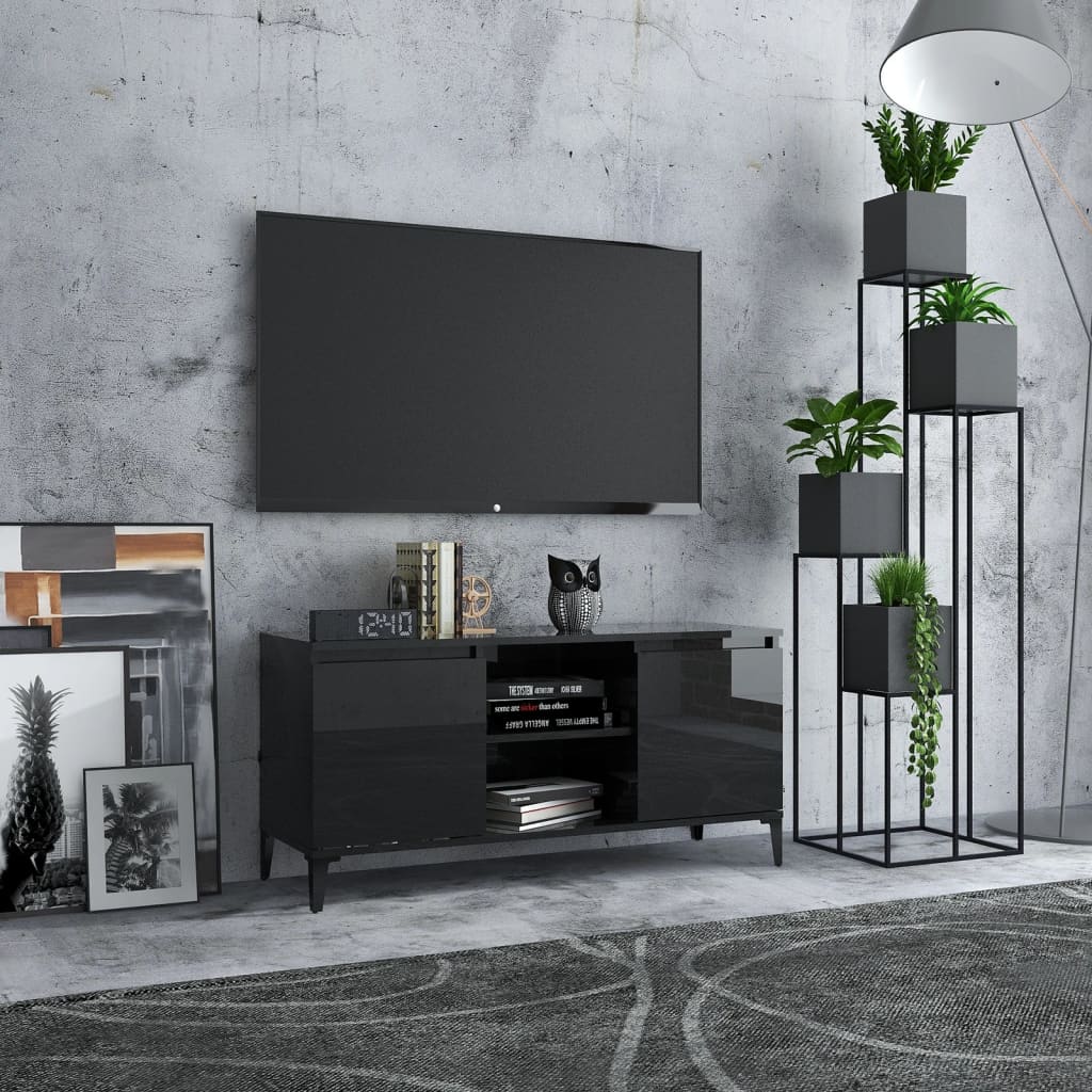 Berkfield TV Cabinet with Metal Legs High Gloss Black 103.5x35x50 cm
