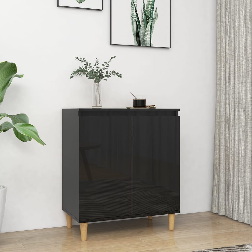 Berkfield Sideboard&Solid Wood Legs High Gloss Black 60x35x70cm Engineered Wood