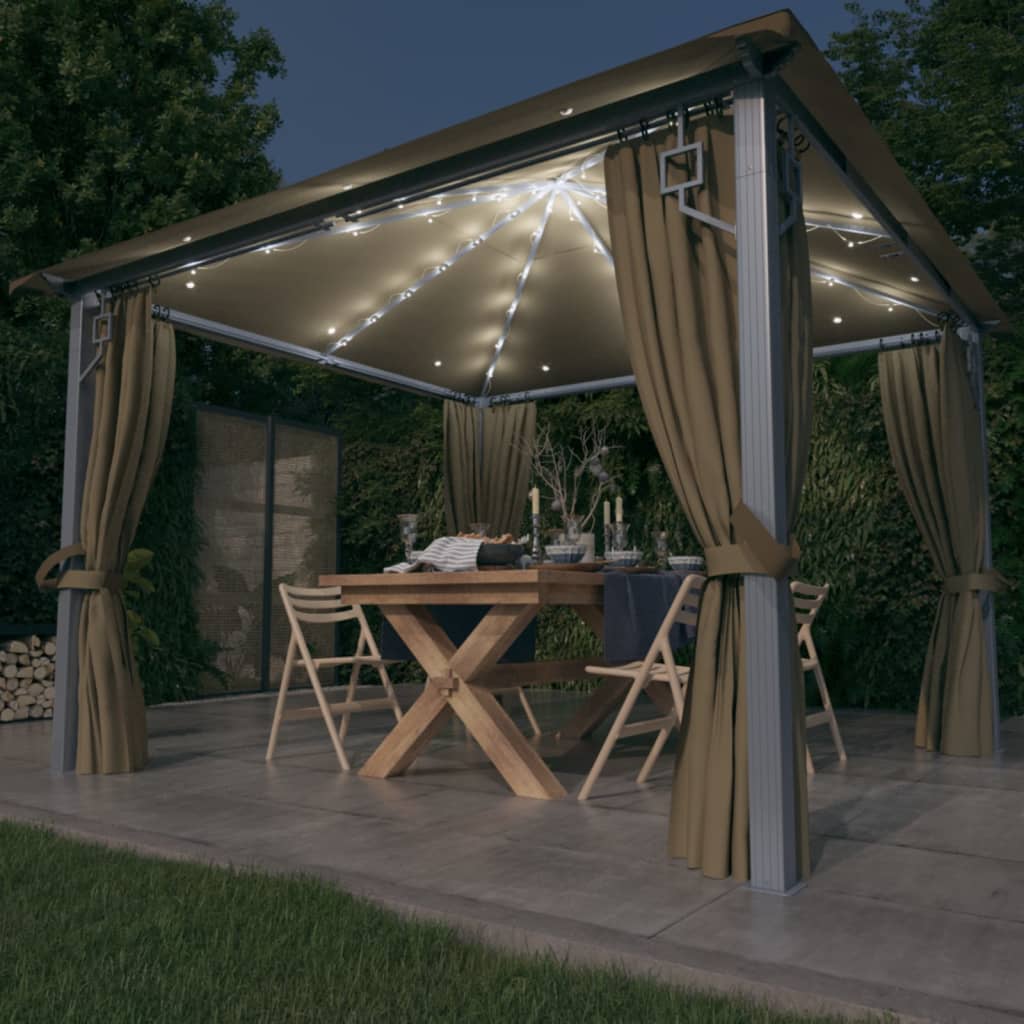 Berkfield Gazebo with Curtain&LED String Lights 3x3 m Taupe Aluminium