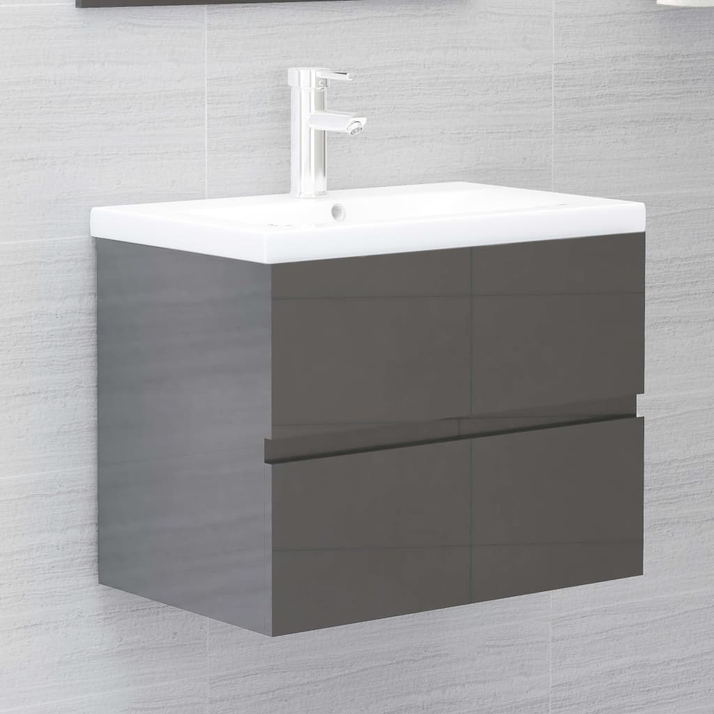 Berkfield Sink Cabinet with Built-in Basin High Gloss Grey Engineered Wood