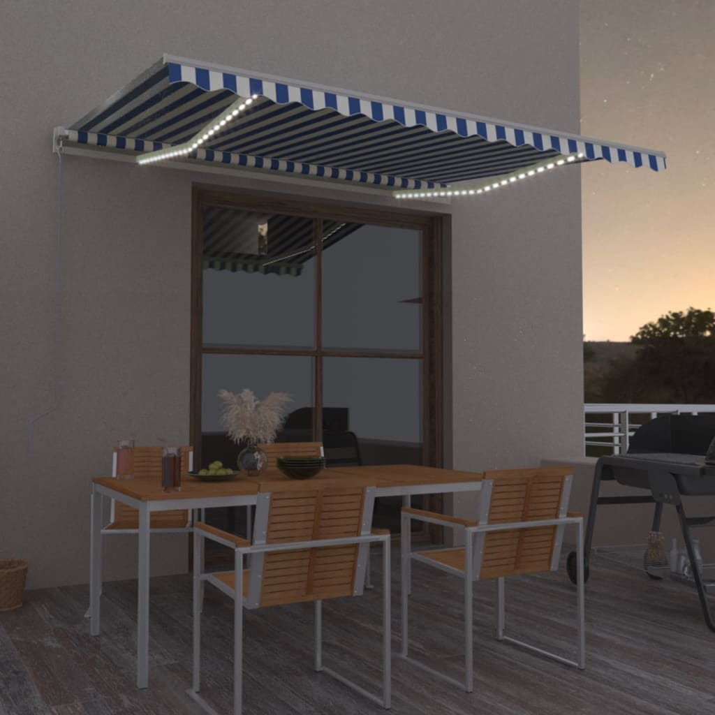 Berkfield Manual Retractable Awning with LED 400x350 cm Blue and White