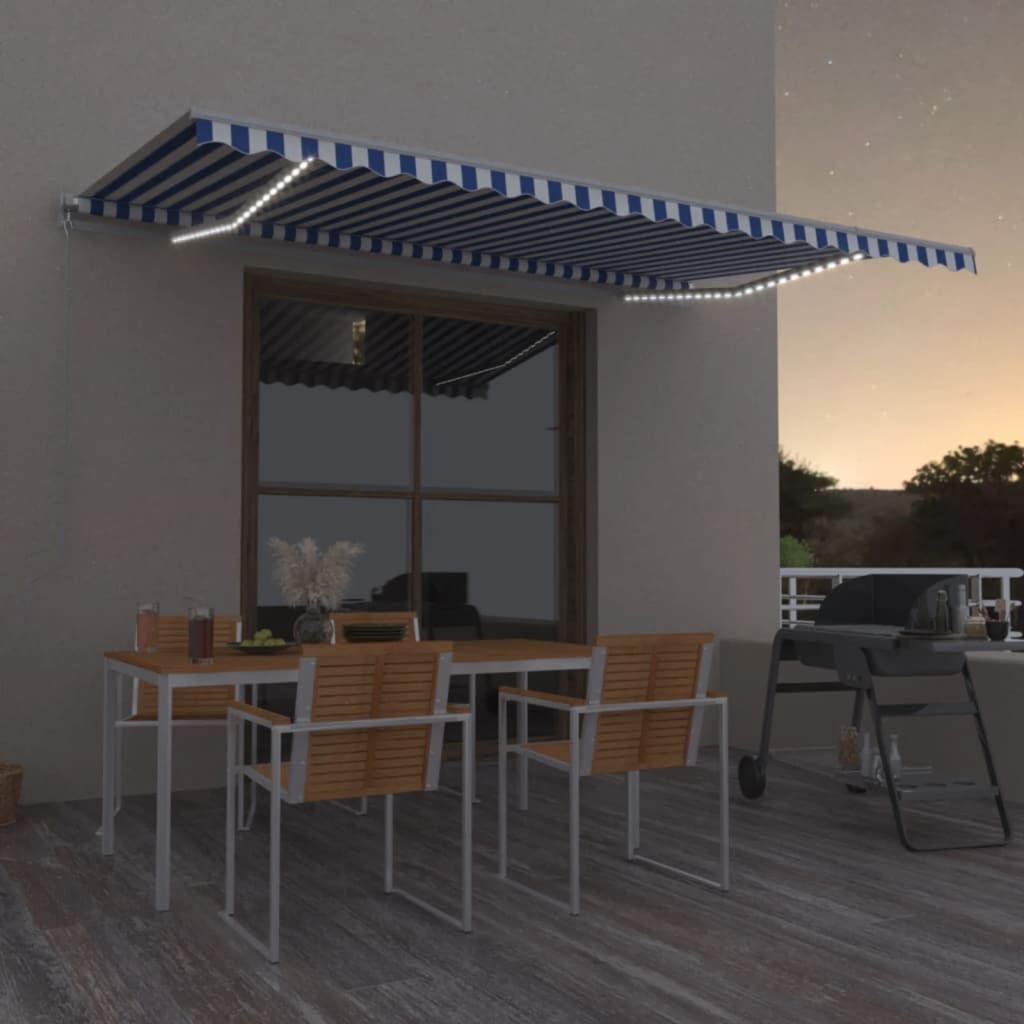 Berkfield Manual Retractable Awning with LED 500x350 cm Blue and White