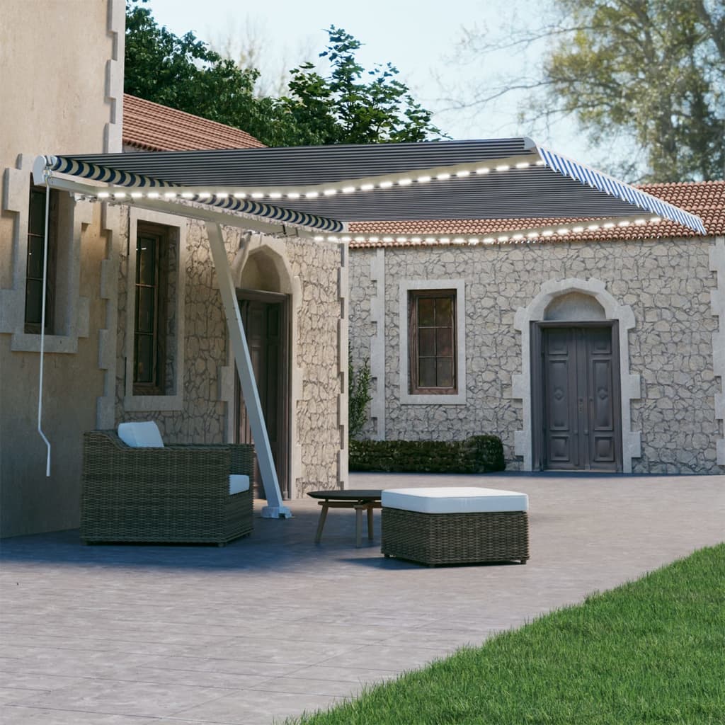 Berkfield Manual Retractable Awning with LED 450x300 cm Blue and White