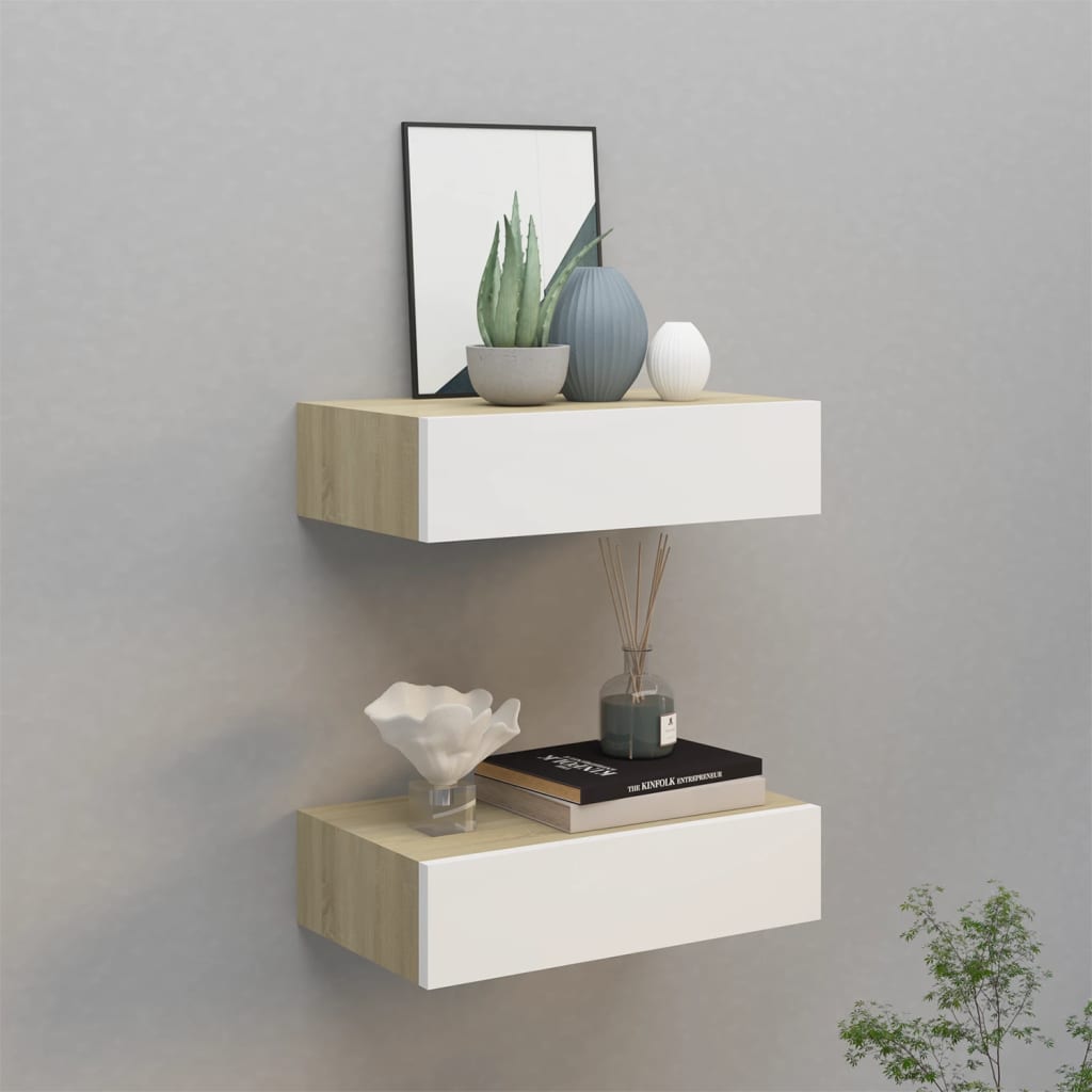 Berkfield Wall Drawer Shelves 2 pcs Oak and White 40x23.5x10cm MDF