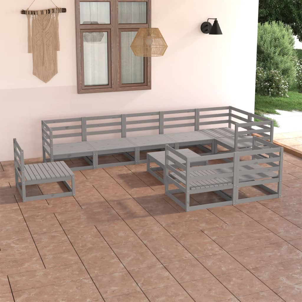 Berkfield 10 Piece Garden Lounge Set Grey Solid Pinewood