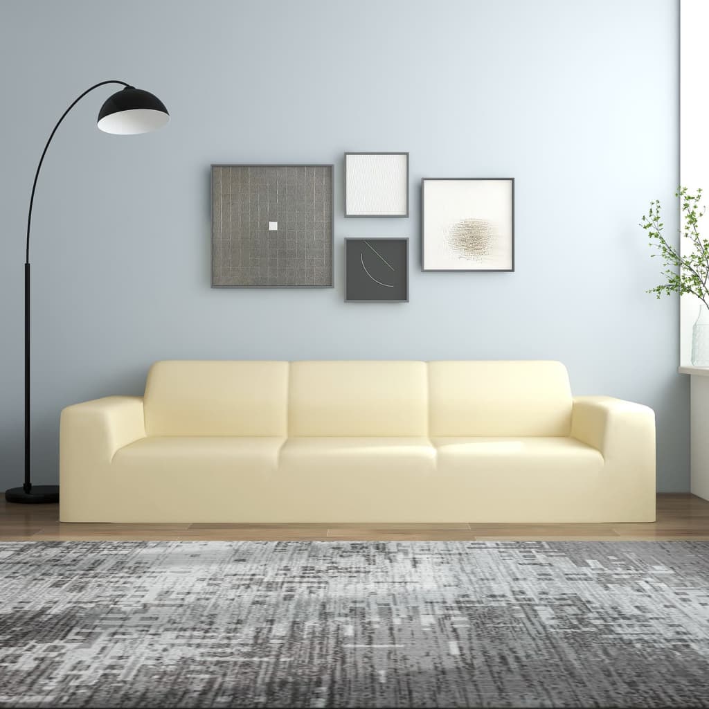 Berkfield 4-Seater Stretch Couch Slipcover Cream Polyester Jersey