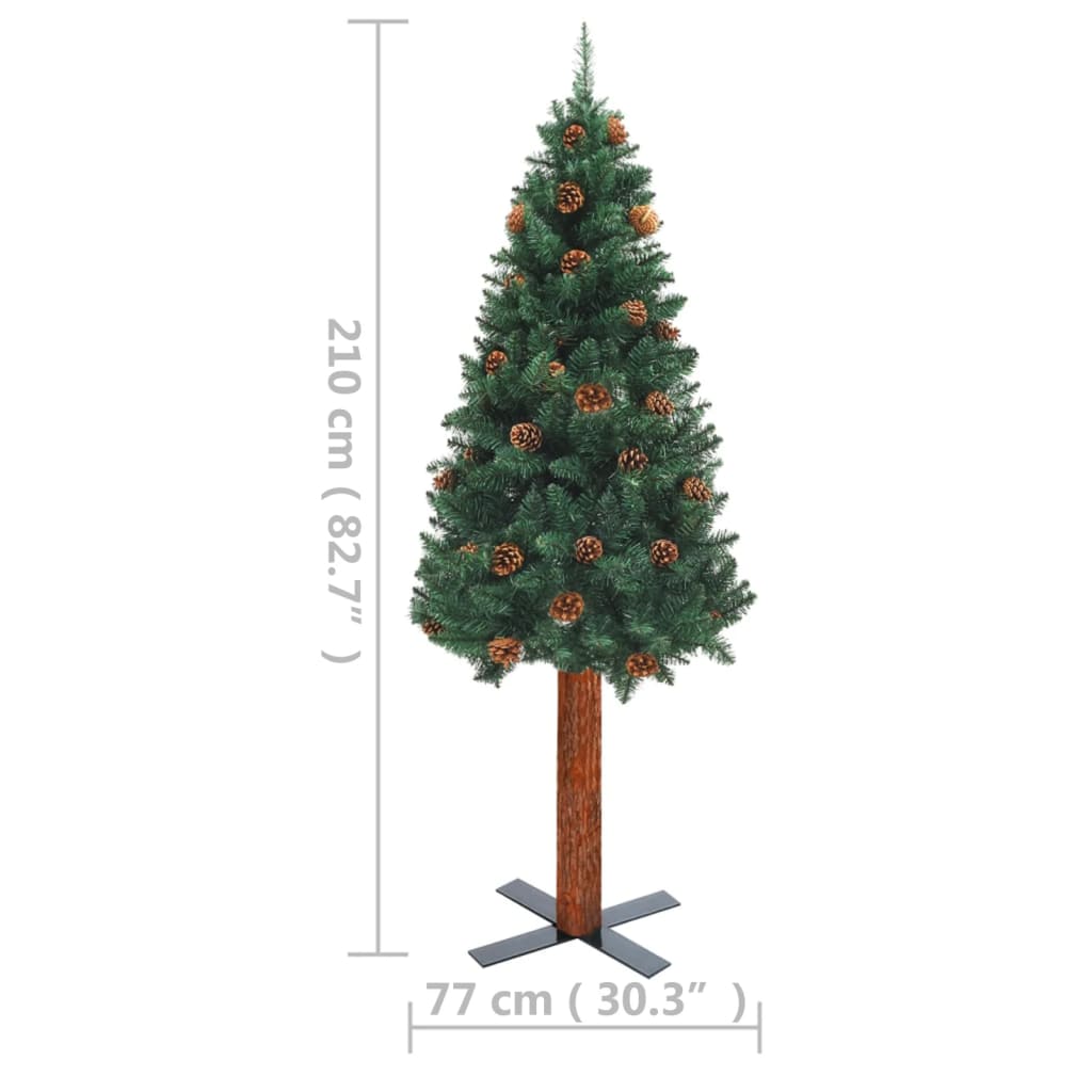 Berkfield Slim Christmas Tree with LEDs&Real Wood&Cones Green 210 cm