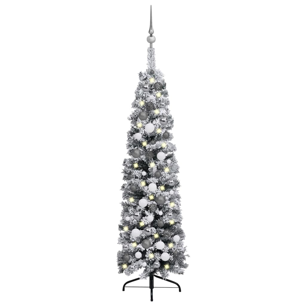 Berkfield Slim Christmas Tree with LEDs&Ball Set&Flocked Snow Green 120cm