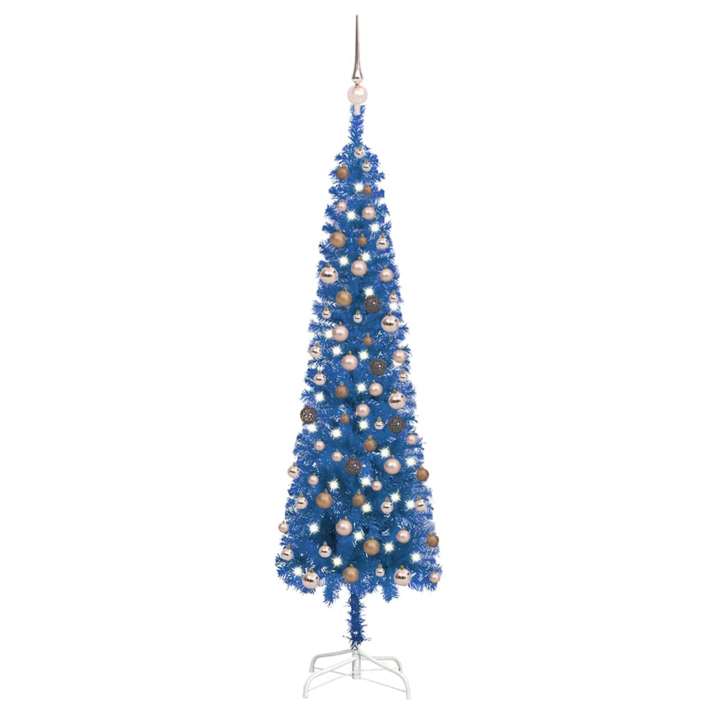 Berkfield Slim Christmas Tree with LEDs&Ball Set Blue 180 cm
