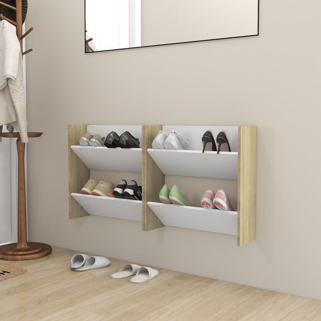 Berkfield Wall Shoe Cabinets 2 pcs White&Sonoma Oak 60x18x60 cm Engineered Wood