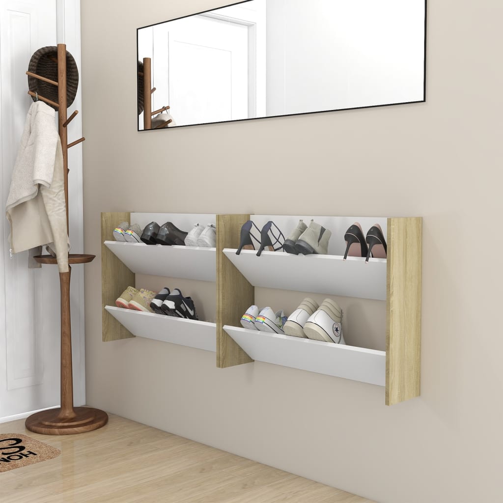 Berkfield Wall Shoe Cabinets 2 pcs White&Sonoma Oak 80x18x60 cm Engineered Wood