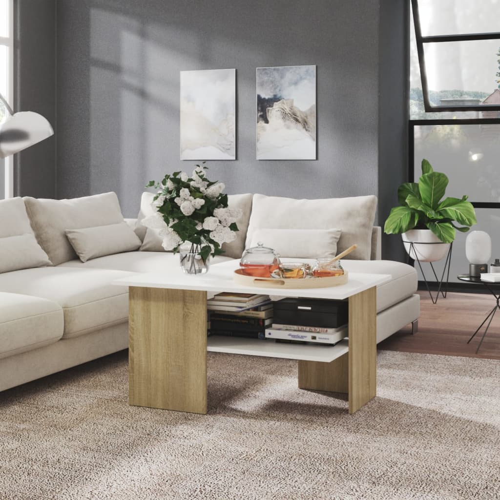 Berkfield Coffee Table White and Sonoma Oak 90x60x46.5 cm Engineered Wood
