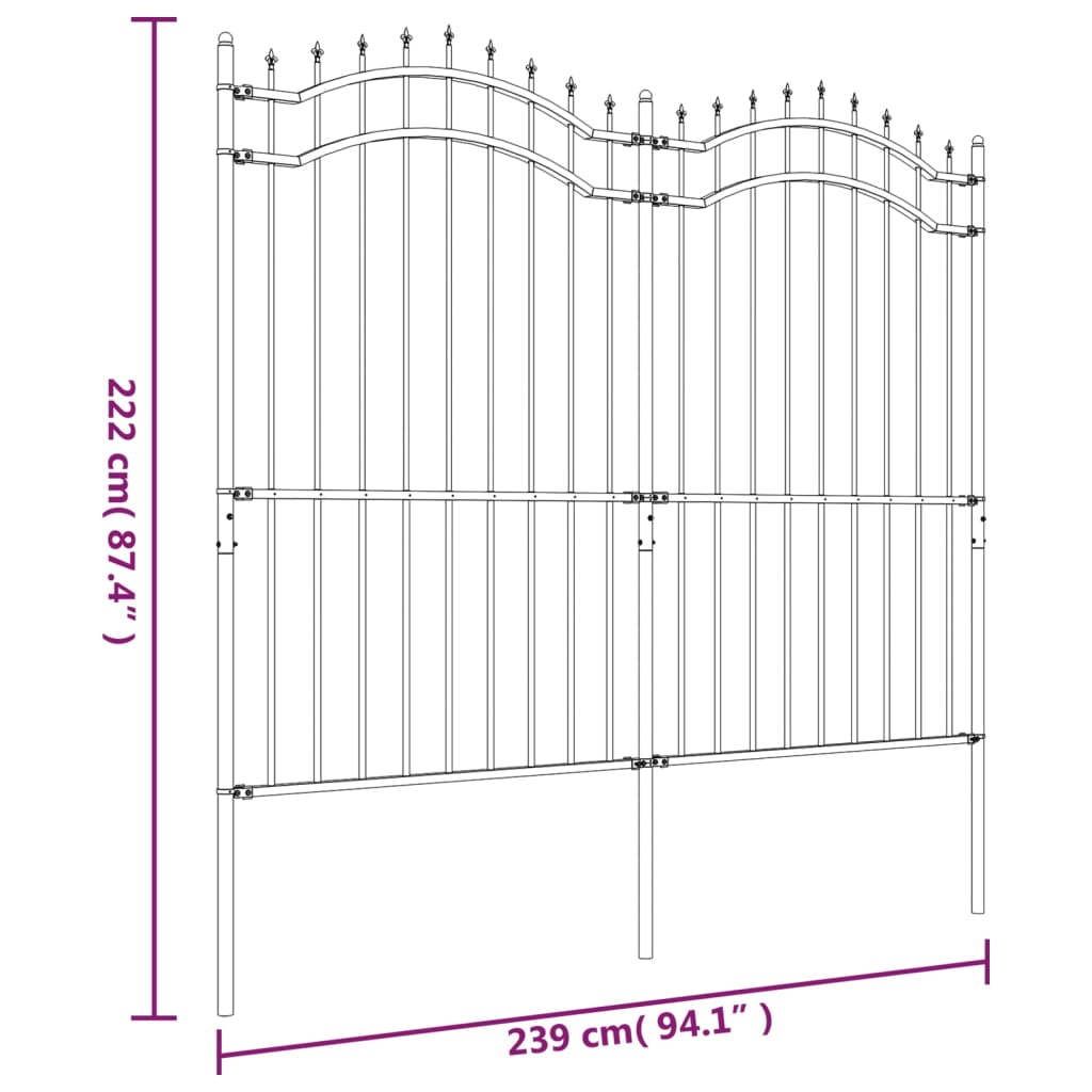 Berkfield Garden Fence with Spear Top Black 222 cm Powder-coated Steel