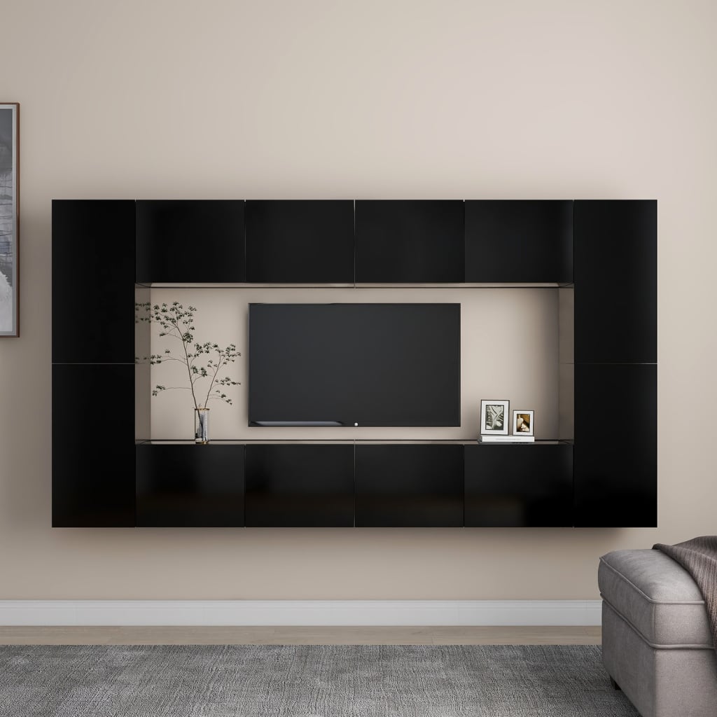 Berkfield 8 Piece TV Cabinet Set Black Engineered Wood
