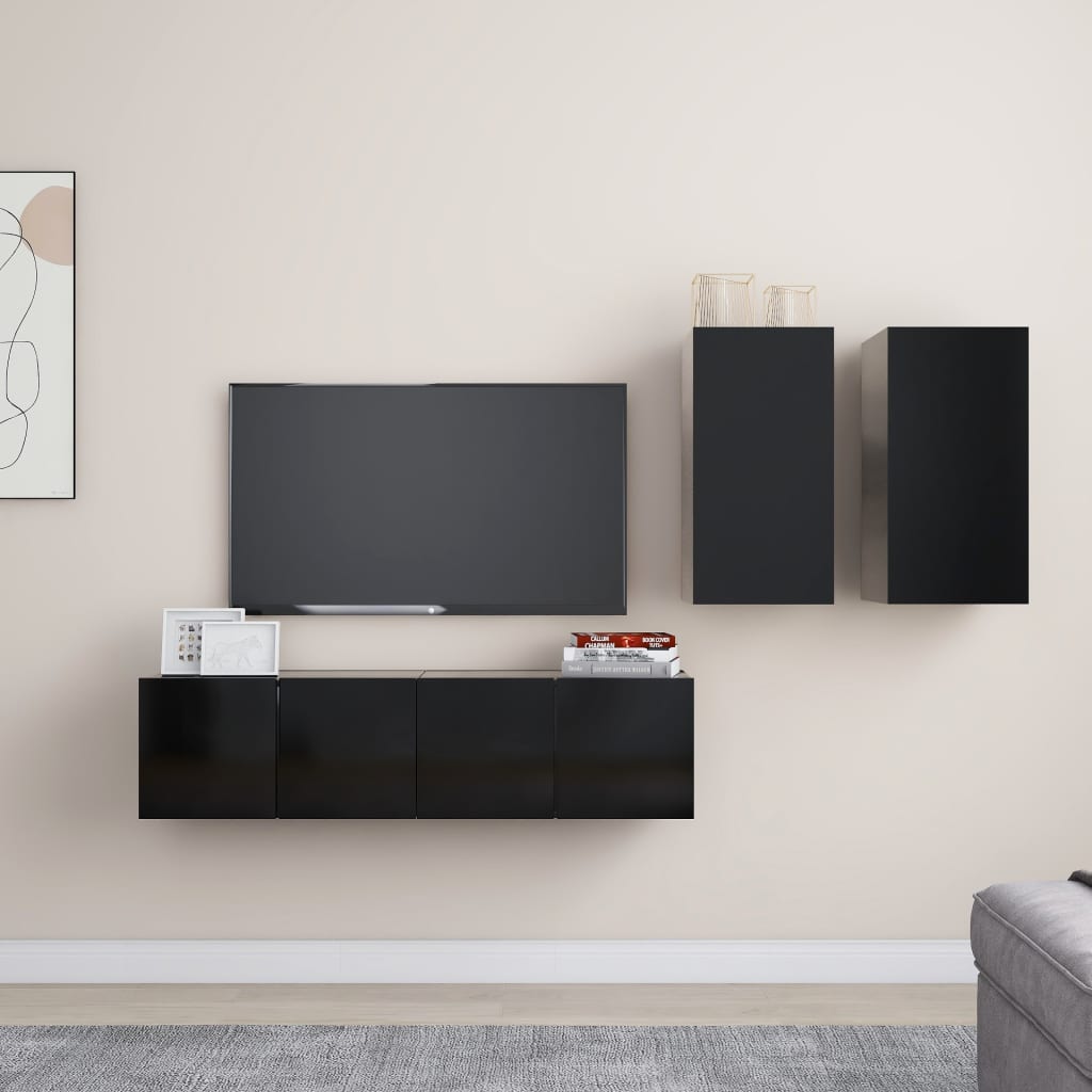 Berkfield 4 Piece TV Cabinet Set Black Engineered Wood