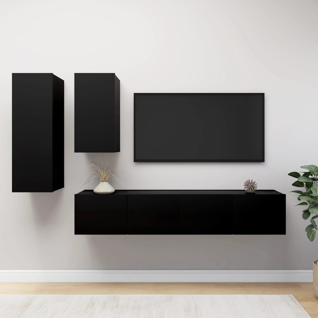 Berkfield 4 Piece TV Cabinet Set Black Engineered Wood