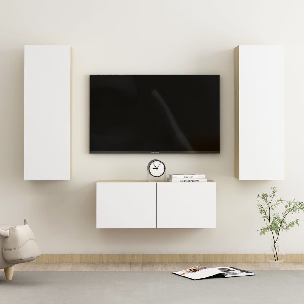 Berkfield 3 Piece TV Cabinet Set White and Sonoma Oak Engineered Wood