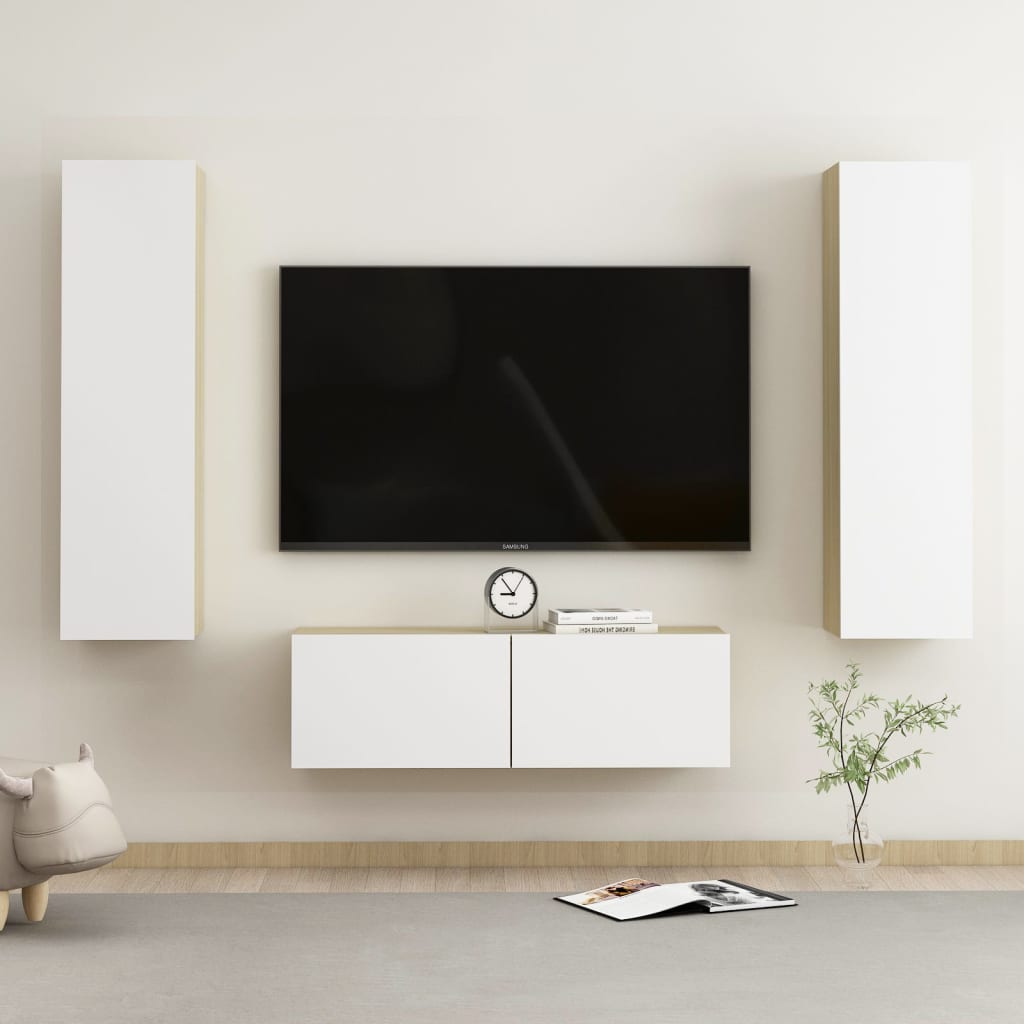 Berkfield 3 Piece TV Cabinet Set White and Sonoma Oak Engineered Wood