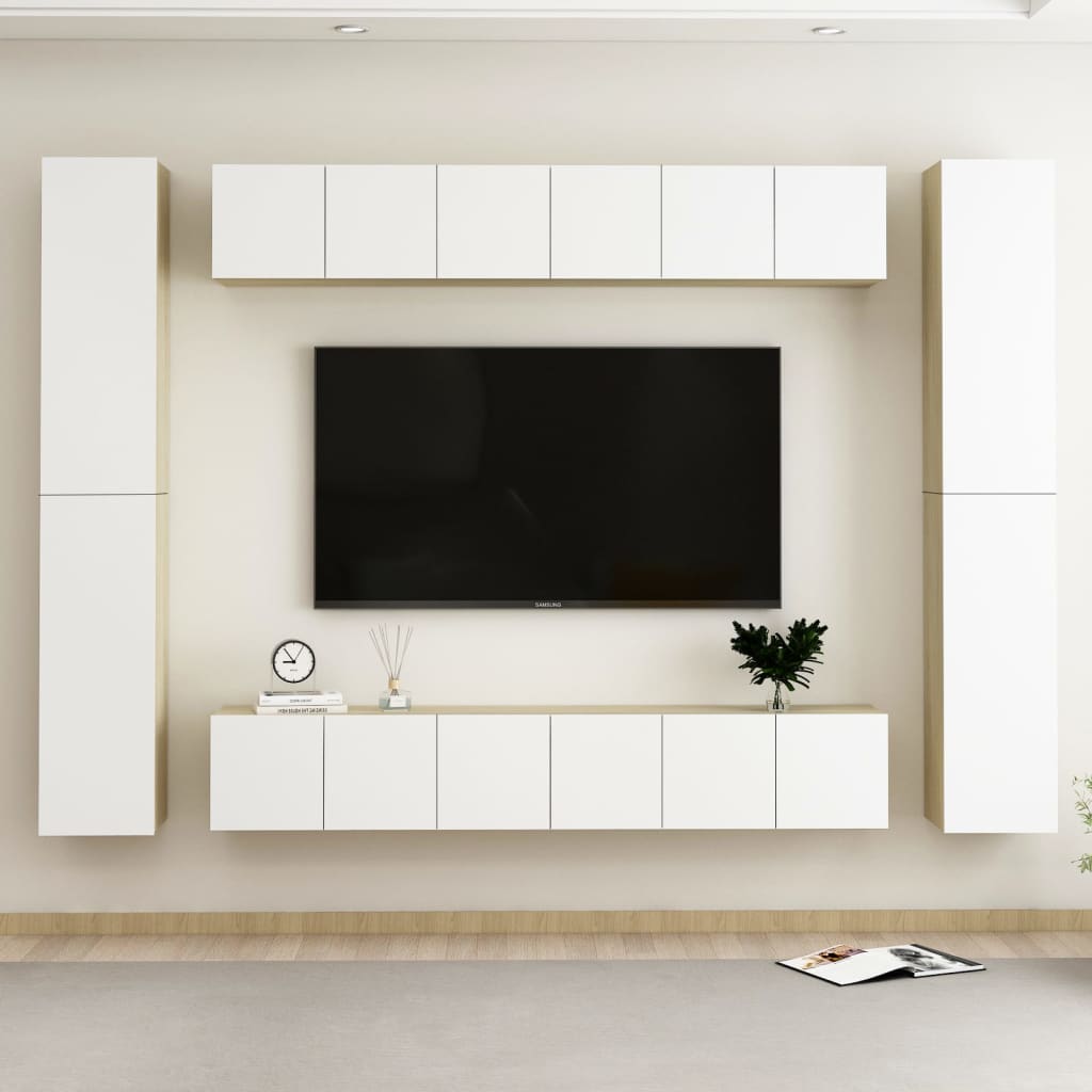 Berkfield 10 Piece TV Cabinet Set White and Sonoma Oak Engineered Wood