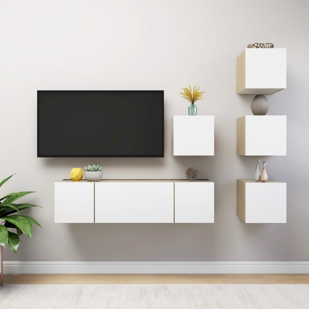 Berkfield 6 Piece TV Cabinet Set White and Sonoma Oak Engineered Wood