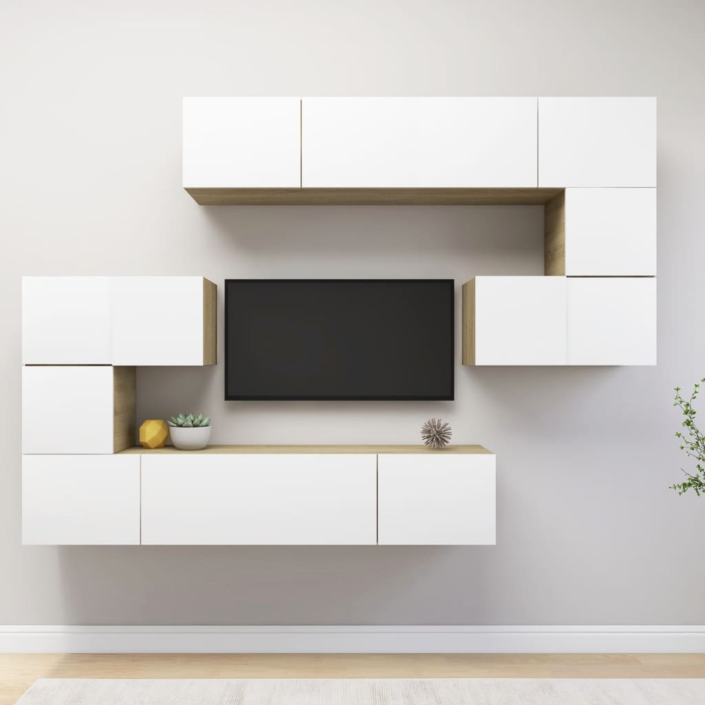 Berkfield 8 Piece TV Cabinet Set White and Sonoma Oak Engineered Wood