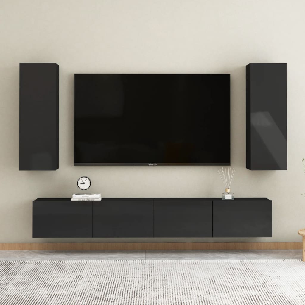 Berkfield 4 Piece TV Cabinet Set High Gloss Black Engineered Wood