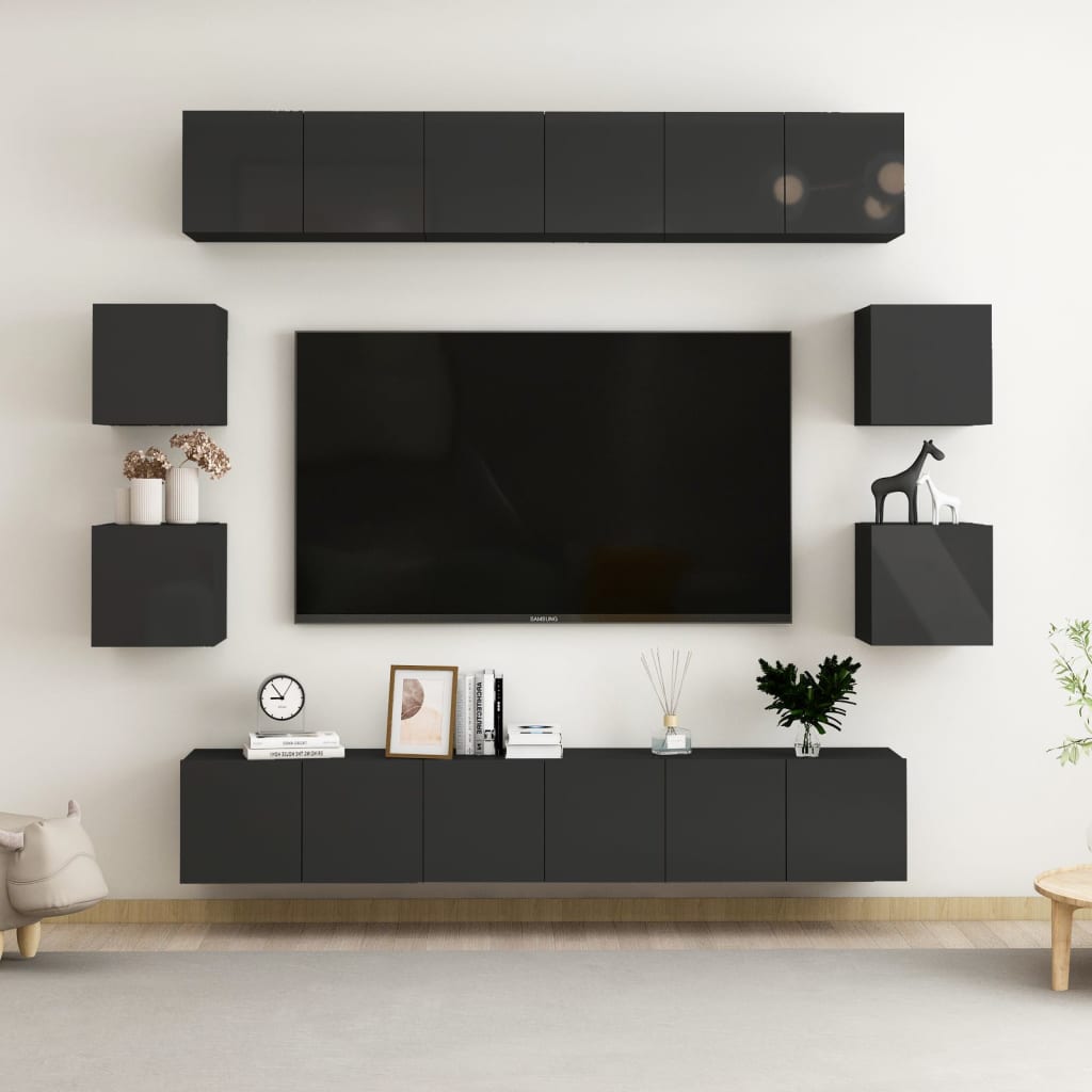 Berkfield 10 Piece TV Cabinet Set High Gloss Black Engineered Wood