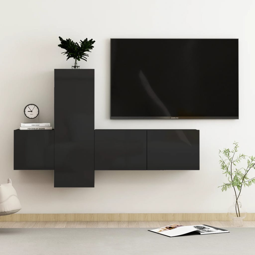 Berkfield 3 Piece TV Cabinet Set High Gloss Black Engineered Wood