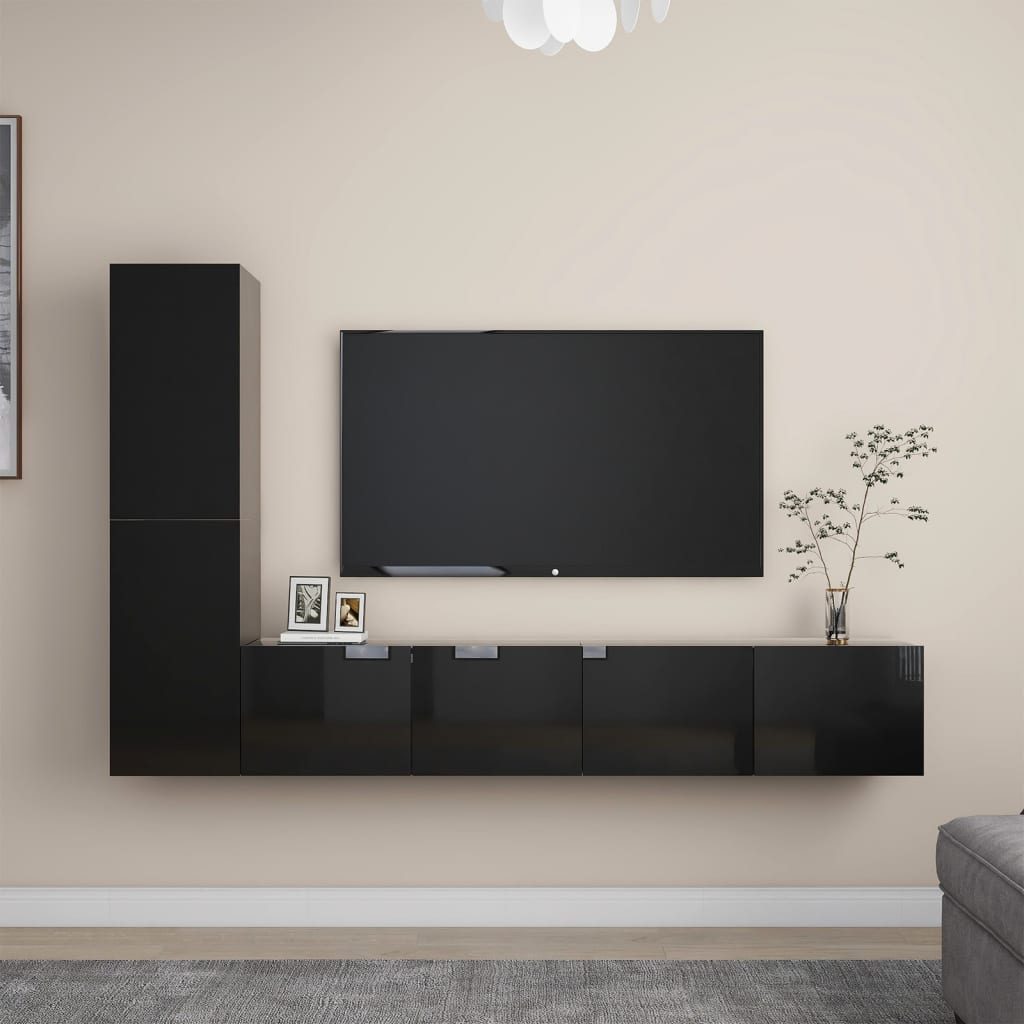 Berkfield 4 Piece TV Cabinet Set High Gloss Black Engineered Wood