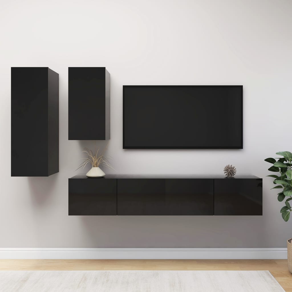 Berkfield 4 Piece TV Cabinet Set High Gloss Black Engineered Wood