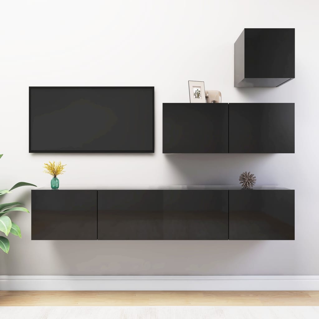 Berkfield 4 Piece TV Cabinet Set High Gloss Black Engineered Wood