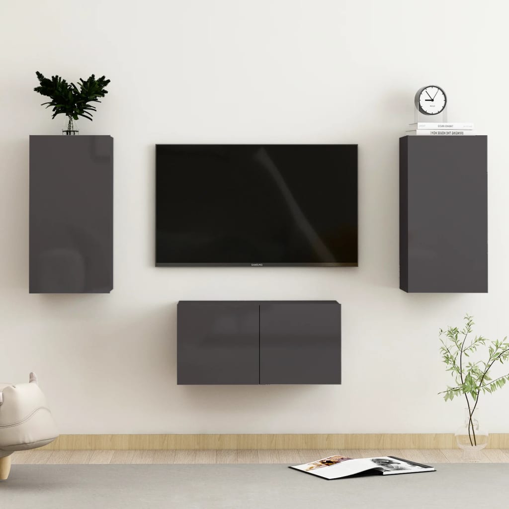 Berkfield 3 Piece TV Cabinet Set High Gloss Grey Engineered Wood