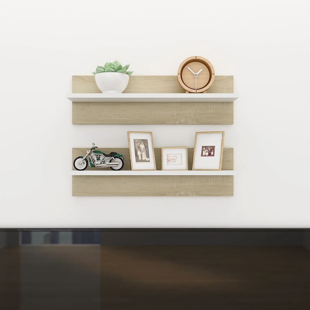 Berkfield Wall Shelf 2 pcs White and Sonoma Oak 60x11.5x18 cm Engineered Wood