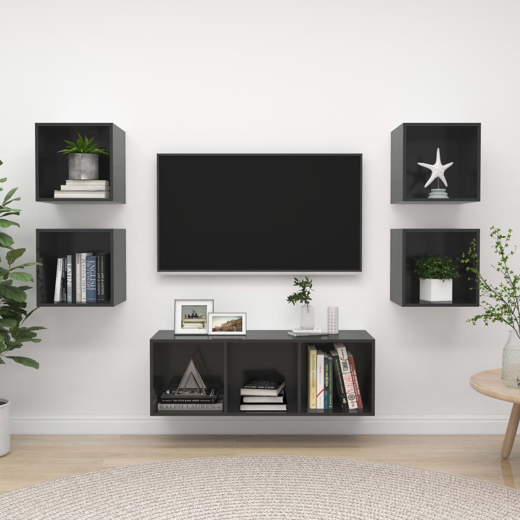 Berkfield 5 Piece TV Cabinet Set High Gloss Grey Engineered Wood