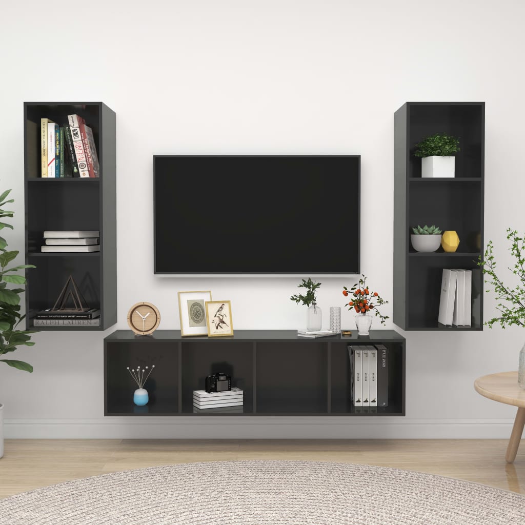 Berkfield 3 Piece TV Cabinet Set High Gloss Grey Engineered Wood