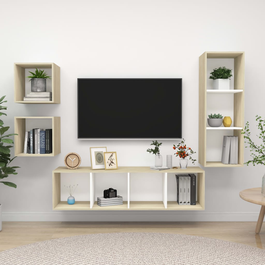Berkfield 4 Piece TV Cabinet Set White and Sonoma Oak Engineered Wood