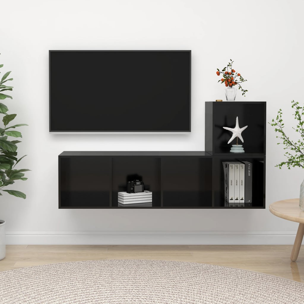 Berkfield 2 Piece TV Cabinet Set High Gloss Black Engineered Wood