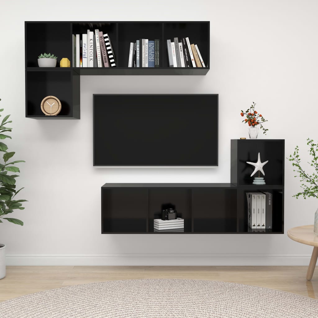 Berkfield 4 Piece TV Cabinet Set High Gloss Black Engineered Wood