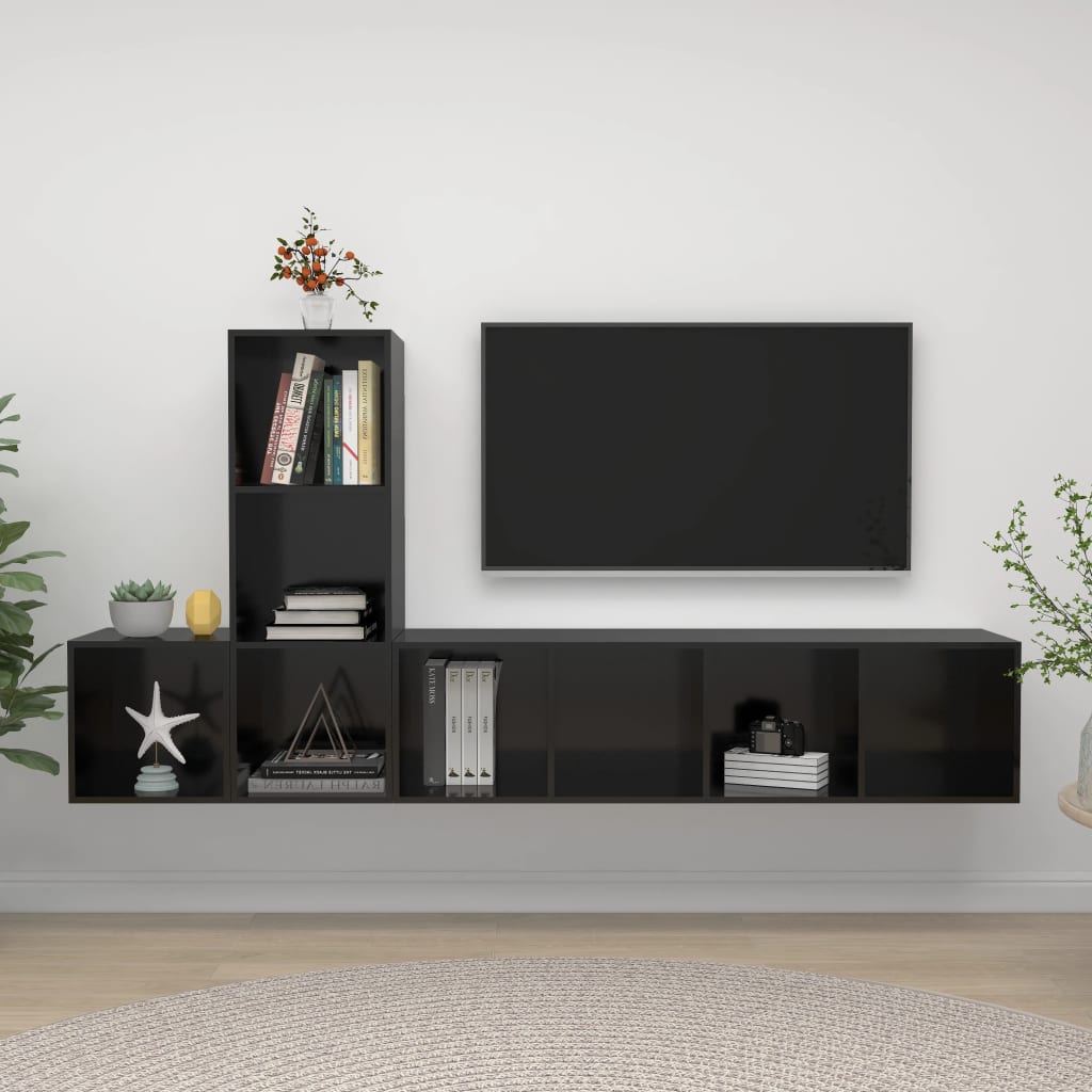 Berkfield 3 Piece TV Cabinet Set High Gloss Black Engineered Wood