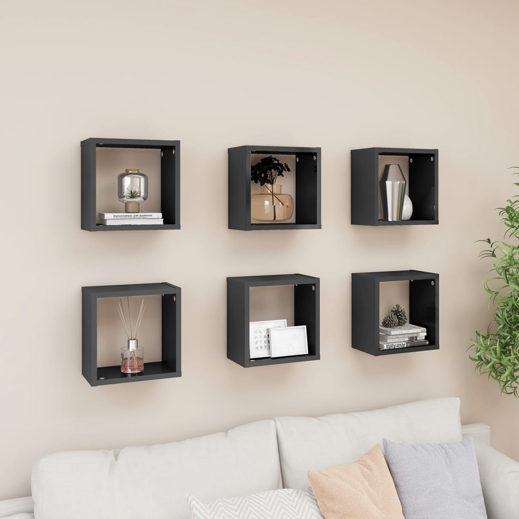 Berkfield Wall Cube Shelves 6 pcs High Gloss Grey 26x15x26 cm