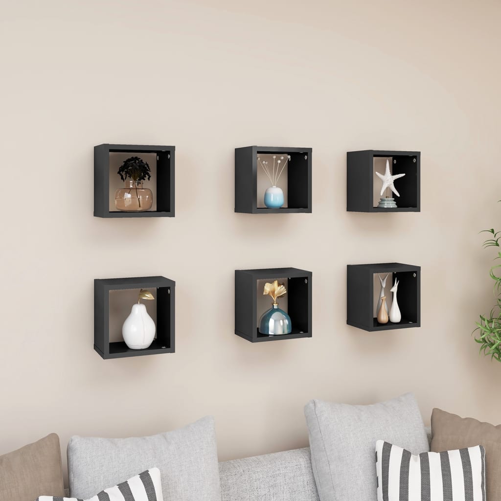 Berkfield Wall Cube Shelves 6 pcs High Gloss Grey 22x15x22 cm