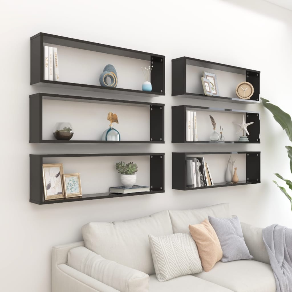 Berkfield Wall Cube Shelf 6 pcs High Gloss Black 100x15x30 cm Engineered Wood