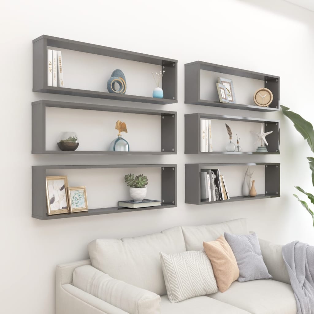 Berkfield Wall Cube Shelf 6 pcs High Gloss Grey 100x15x30 cm Engineered Wood