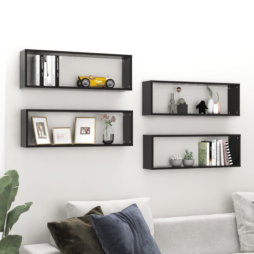 Berkfield Wall Cube Shelf 4 pcs High Gloss Black 80x15x26.5cm Engineered Wood