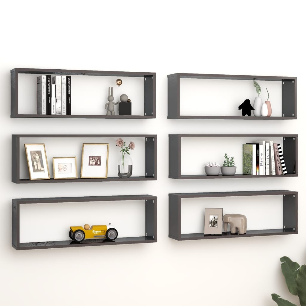 Berkfield Wall Cube Shelf 6 pcs High Gloss Grey 80x15x26.5 cm Engineered Wood