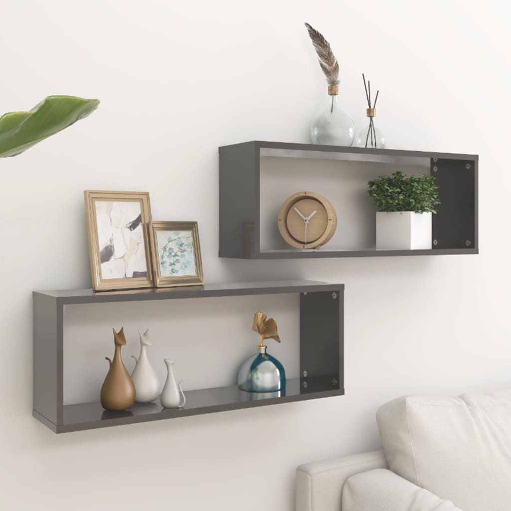 Berkfield Wall Cube Shelf 2 pcs High Gloss Grey 60x15x23 cm Engineered Wood