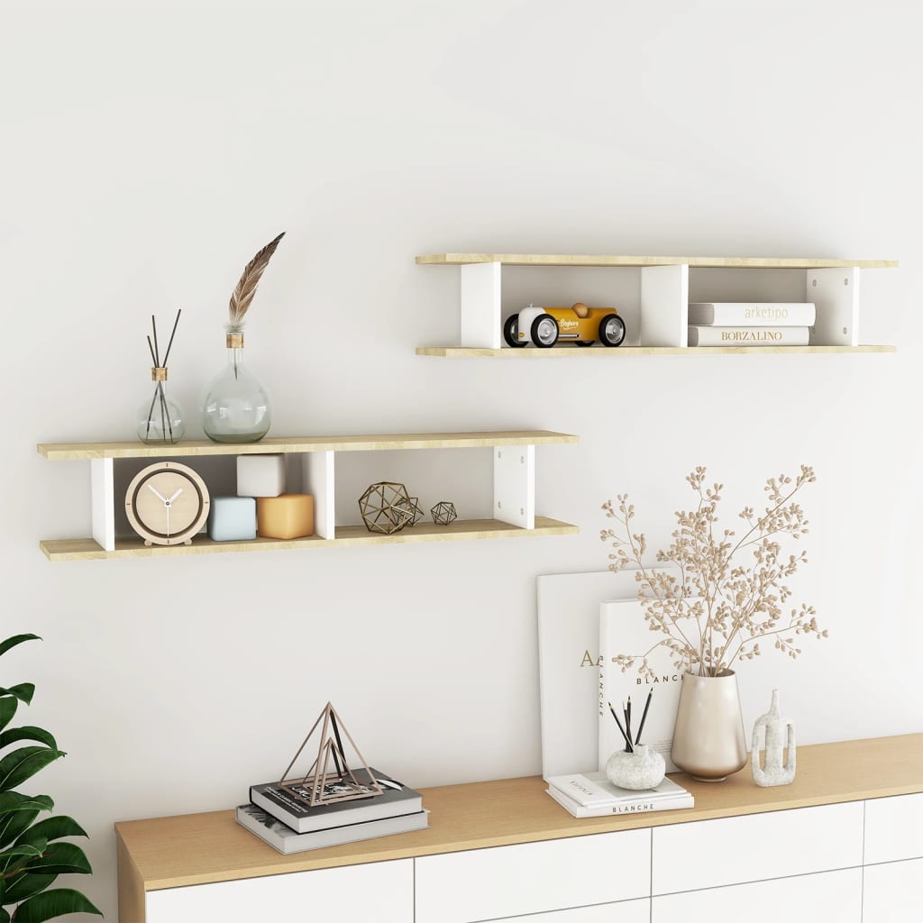 Berkfield Wall Shelf 2 pcs White and Sonoma Oak 105x18x20 cm Engineered Wood