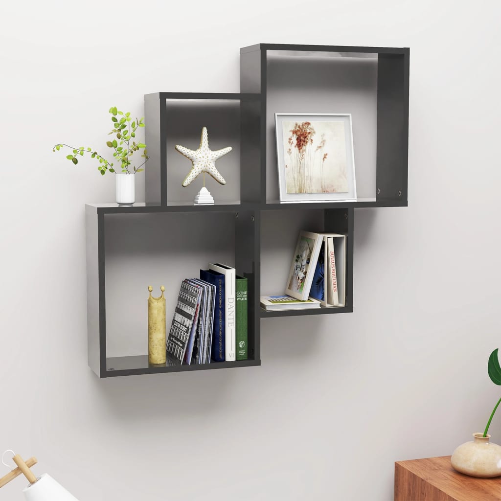 Berkfield Wall Cube Shelf High Gloss Grey 80x15x78.5 cm Engineered Wood